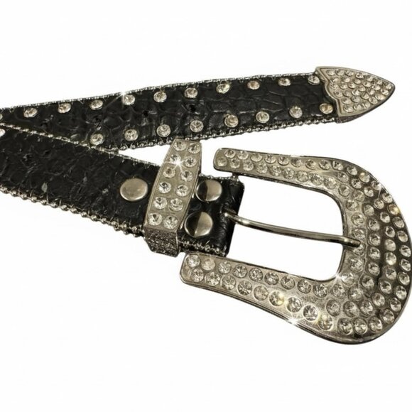 Rhinestone Covered Black Leather Belt – 40” – 1.5” Width – Genuine Leather - Picture 1 of 5